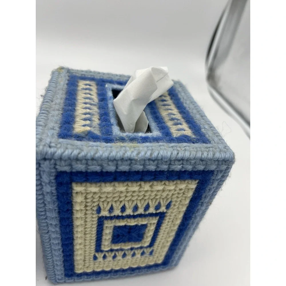 Vintage NEEDLEPOINT TISSUE BOX COVER LOT blue Finished Art MCM Grannycore decor